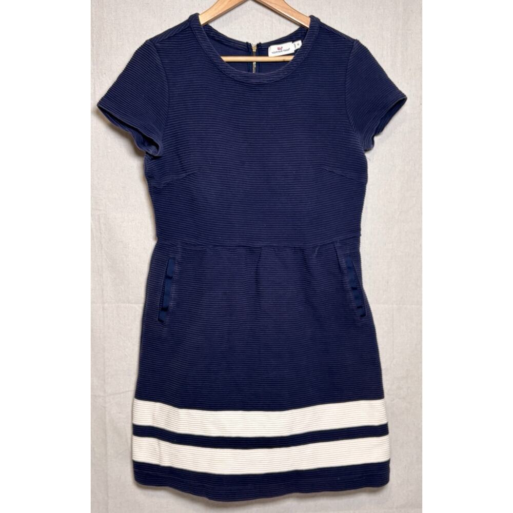 Vineyard Vines Ottoman Stripe Ribbed Knit Dress in Nautical Navy Cap‎ Sleeve 10